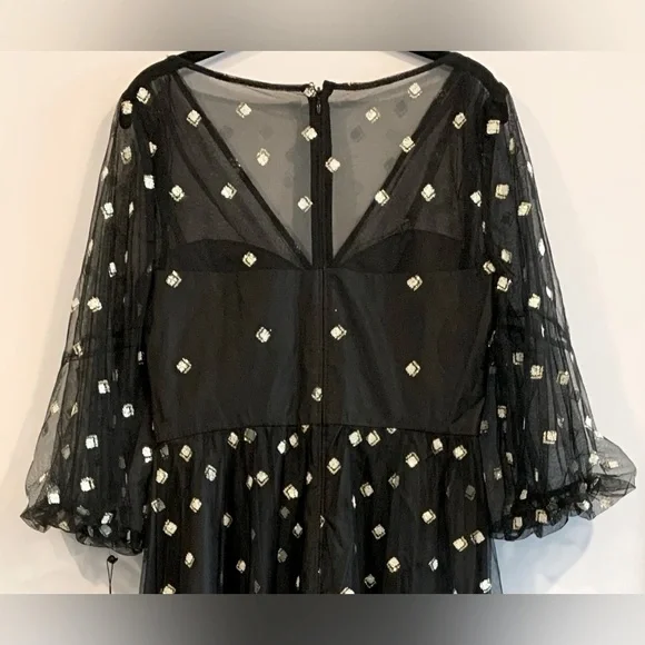 NWT, Adrianna Papell "Glitter Tulle Long Dress" in Black w/ Puff Sleeve, Size 8 - Picture 9 of 12